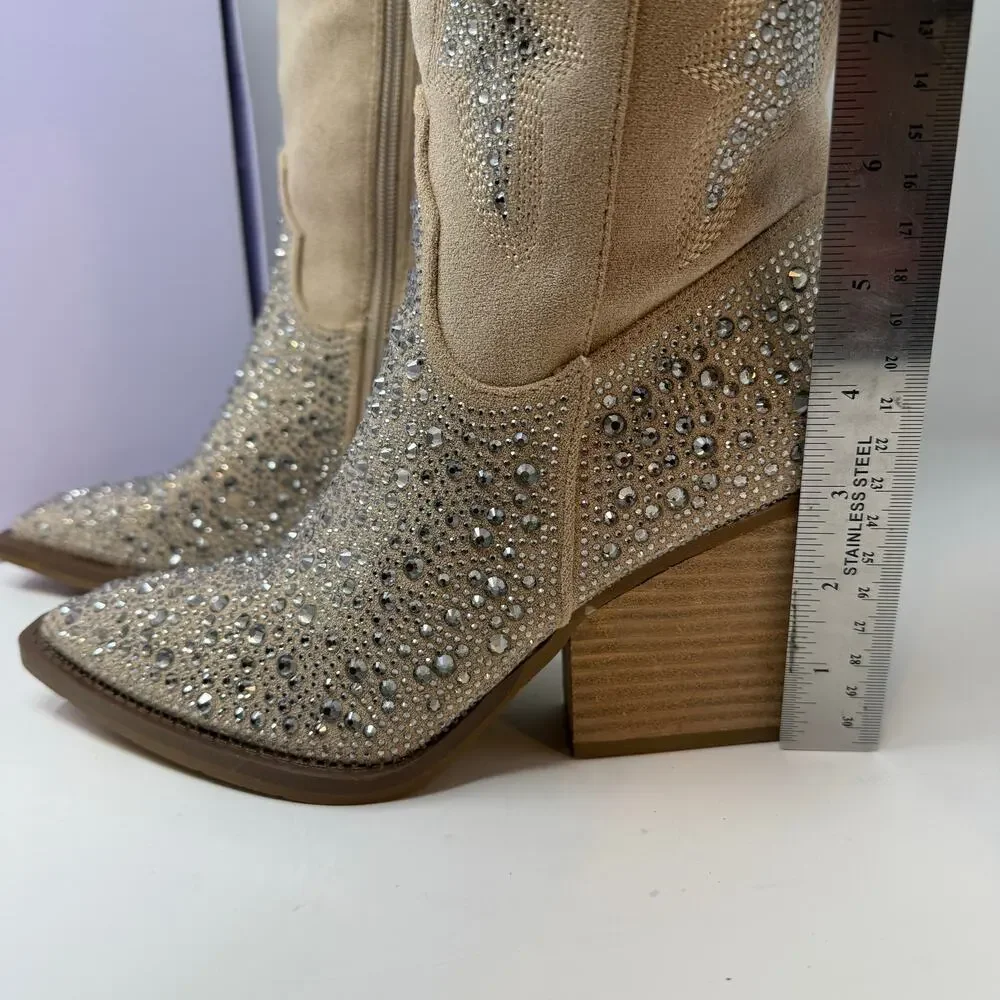 Madden Girl Apple Western Boots Womens 8 Sand Rhinestones Cowboy Boots NIB - Picture 6 of 15